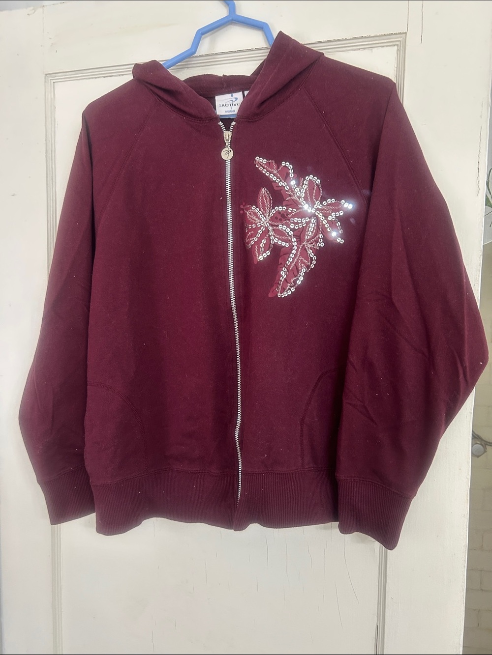 Active USA Maroon Hooded Zip Jacket with Sequin Floral Detail